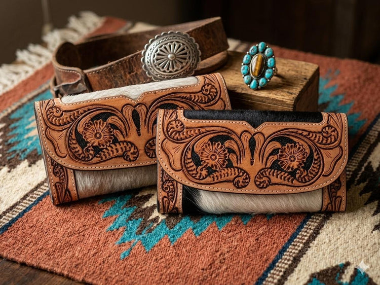 Western Cowhide Leather Long Wallet / Hand Tooled Floral Clutch Purse Women’s Zip Around Boho Card Holder