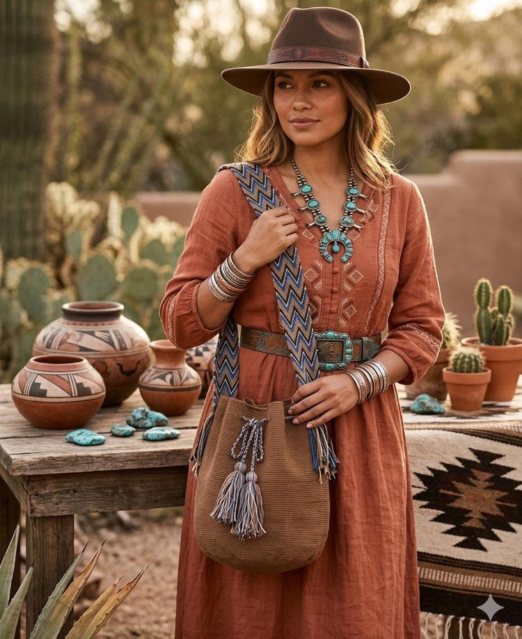 Handmade Colombian Mochila Bag: Boho Crochet Crossbody with Aztec Strap