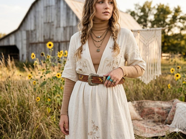 Sunflower Leather Gift Set for Women | Hippie Wallet & Western Belt Set | Boho Cowgirl Accessories | Floral Tooled Leather Belt