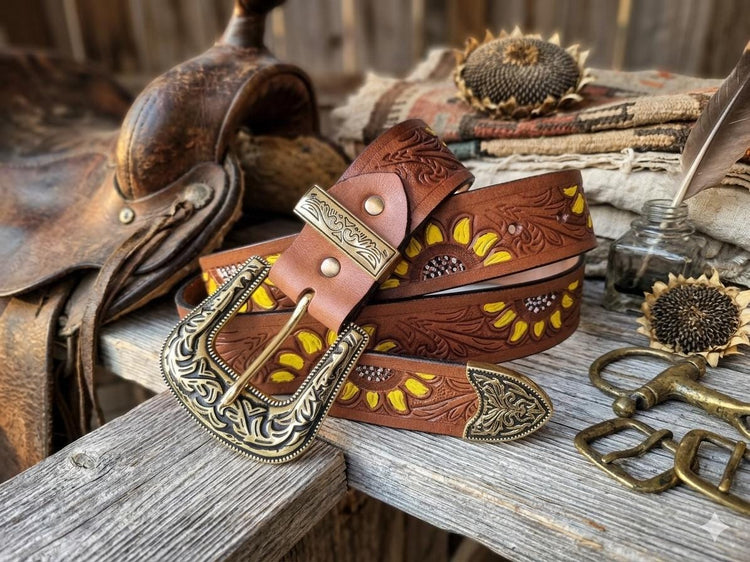 Sunflower Leather Gift Set for Women | Hippie Wallet & Western Belt Set | Boho Cowgirl Accessories | Floral Tooled Leather Belt