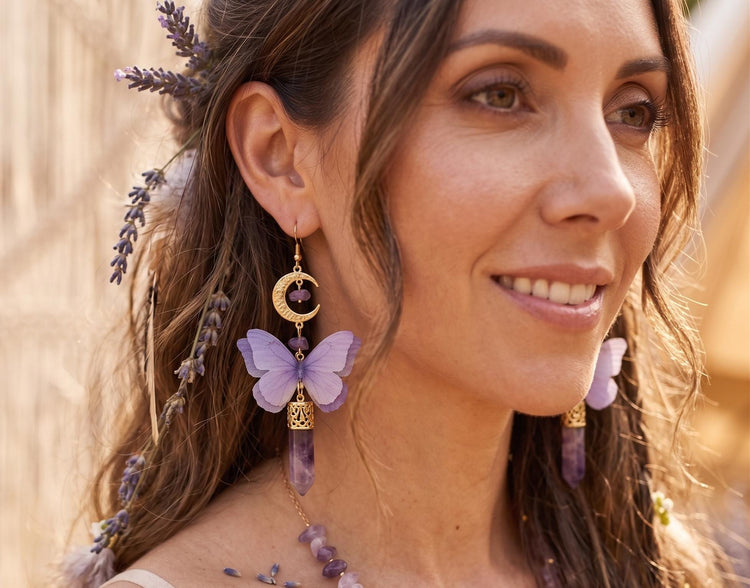 Amethyst Butterfly Wing Earrings, Fairy Moon Dangle Earrings, Witchy Crystal Statement Earrings, Celestial Boho Jewelry, Gift for Her