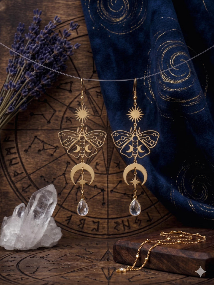 Moonstone Moth Earrings, Gold Celestial Dangle Earrings, Witchy Moon Star Sun Earrings, Boho Statement Jewelry, Gift for Her