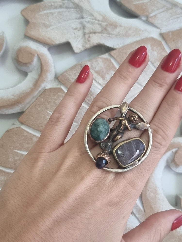 One of a Kind Angel Ring, Amazonite Amethyst Statement Ring, Handmade Christian Jewelry, Guardian Angel Ring, Adjustable Boho Gift for Her