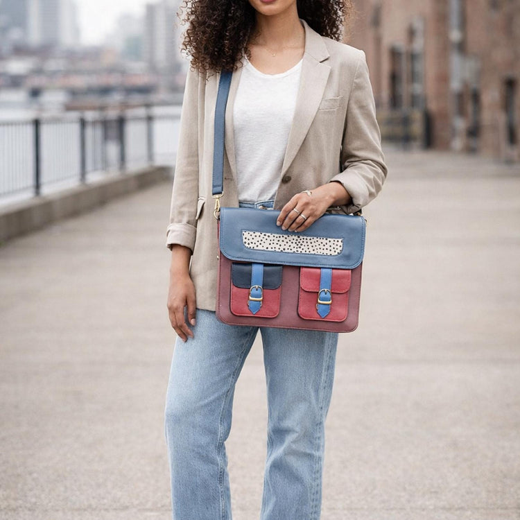 Multicoloured Leather Messenger Bag, Boho Laptop Crossbody Briefcase, Unique Cowhide Purse Colour Block, Medium 12" Satchel Women
