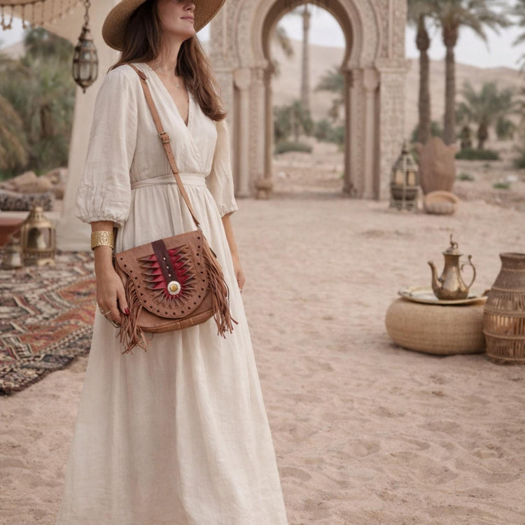 Unique women leather crossbody bag with fringe and hearts - tooled leather purse medium size