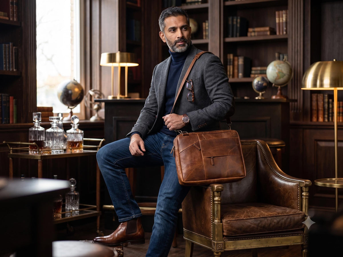 Full Grain Leather Laptop Messenger Bag: 15" Vintage Briefcase