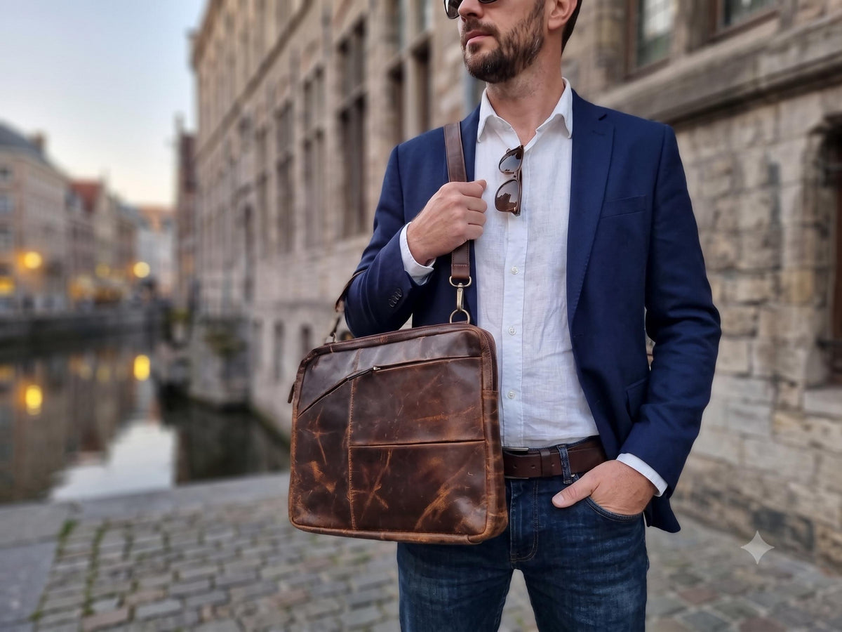 Full Grain Leather Laptop Messenger Bag: 15" Vintage Briefcase