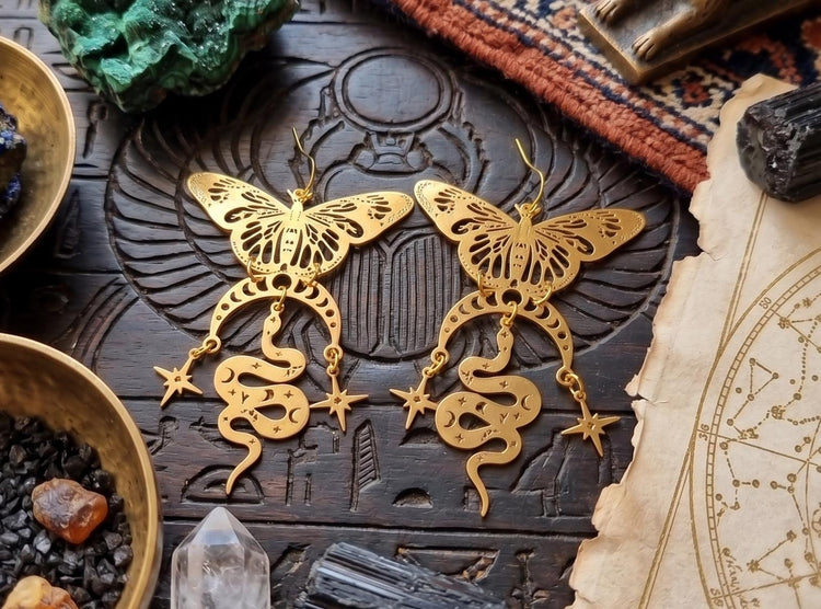 Celestial Moon Phase Earrings – Gold Snake Moth Butterfly Statement Earrings, Witchy Boho Jewellery, Mystical Gift for Her