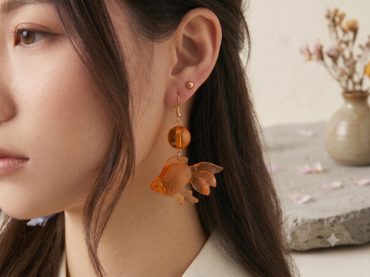 Mismatched Goldfish Earrings – Orange & Blue Glass Fish Dangles, Kawaii Statement Jewellery, Cute Japanese Inspired Gift