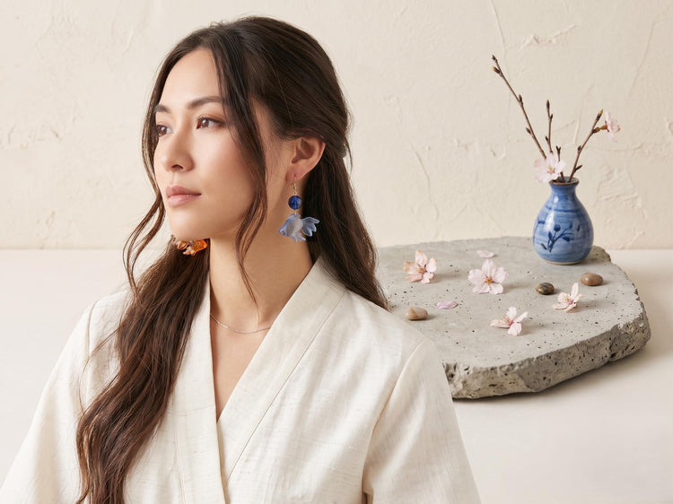 Mismatched Goldfish Earrings – Orange & Blue Glass Fish Dangles, Kawaii Statement Jewellery, Cute Japanese Inspired Gift
