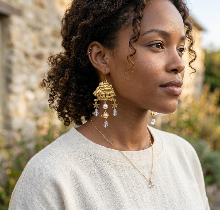 Nautical Ship Earrings with Saturn Planet & Stars – Boho Statement Dangle Earrings, Celestial Travel Jewelry, Gift for Her