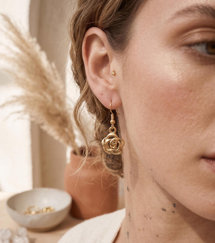 Small Rose Drop Earrings – Vintage Gold Brass Minimalist Boho Floral Dangle Jewelry, Lightweight Handmade Earrings, Gift for Her