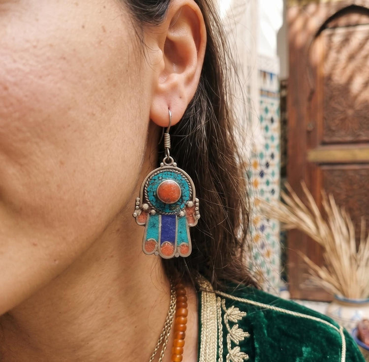 Hamsa Hand Drop Earrings – Tribal Tibetan Silver with Turquoise, Lapis & Coral Mosaic, Boho Jewelry, Handmade Statement Gift