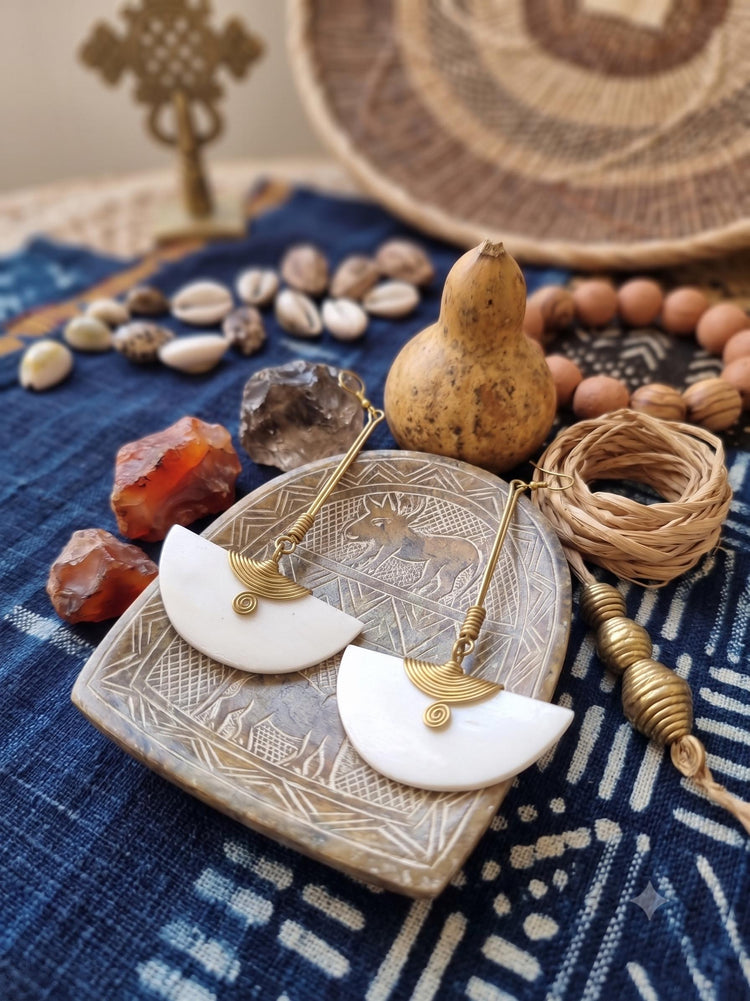 Boho Half Moon Earrings: African Brass, Bone & Ivory Tribal Jewelry