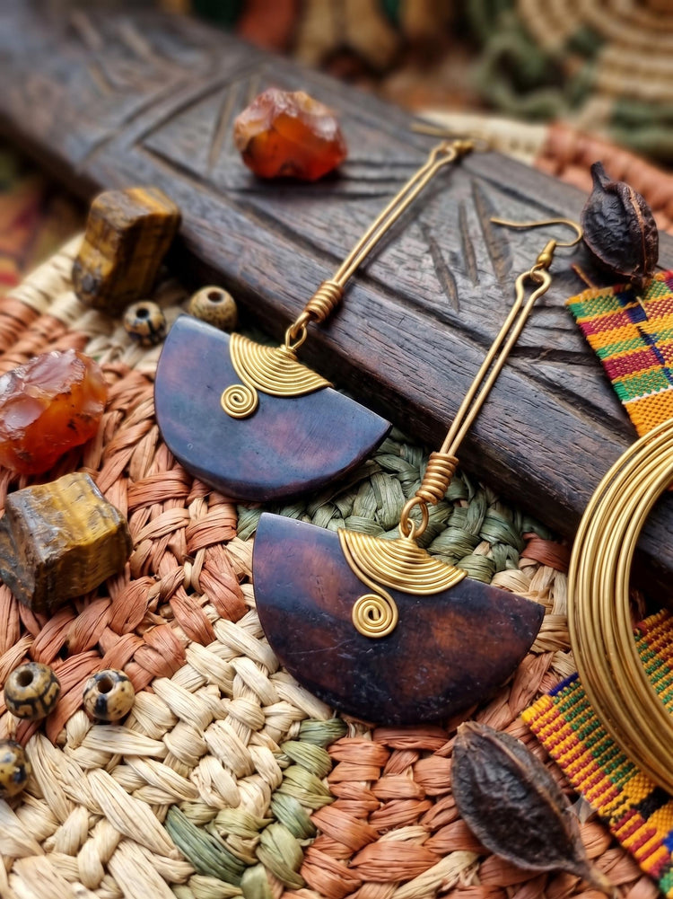 Large Half Moon Boho Earrings – Handmade African Bone & Gold Brass Statement Drop Earrings, Geometric Vintage Jewelry Gift for Her