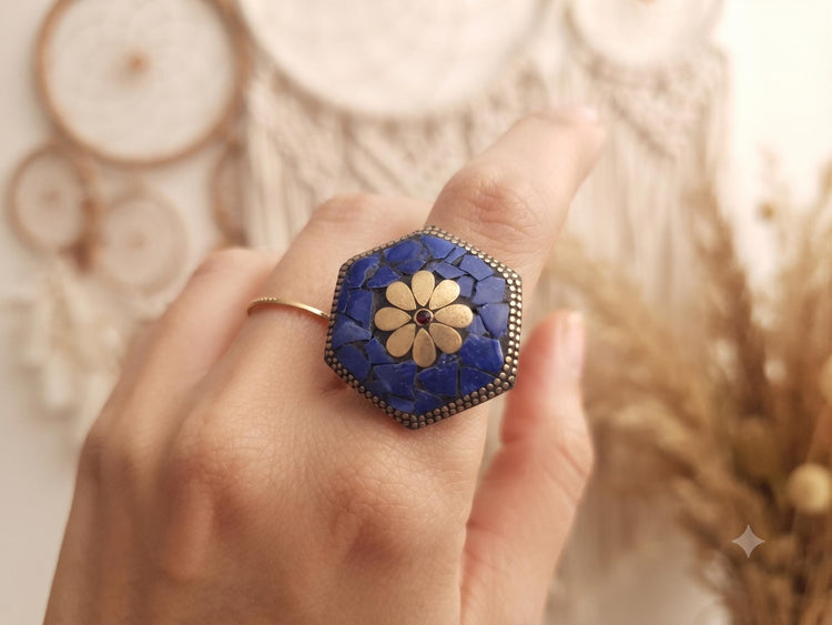 Tibetan Lapis Lazuli Mosaic Ring, Hexagon Statement Ring, Boho Brass Adjustable Ring, Nepali Inspired Jewelry, Gift for Her