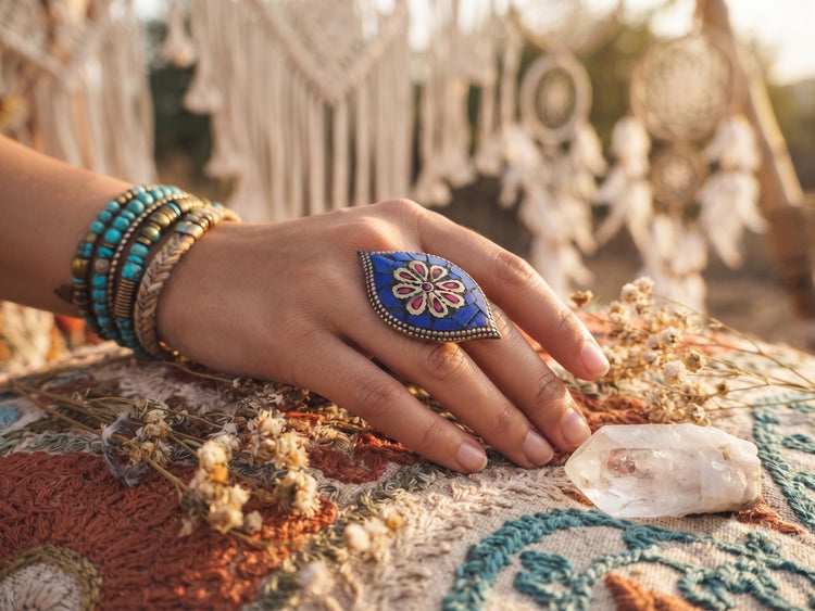 Tibetan Mosaic Ring, Coral Lapis Lazuli Statement Ring, Oval Brass Boho Ring, Nepali Inspired Adjustable Ring, Handmade Gift for Her