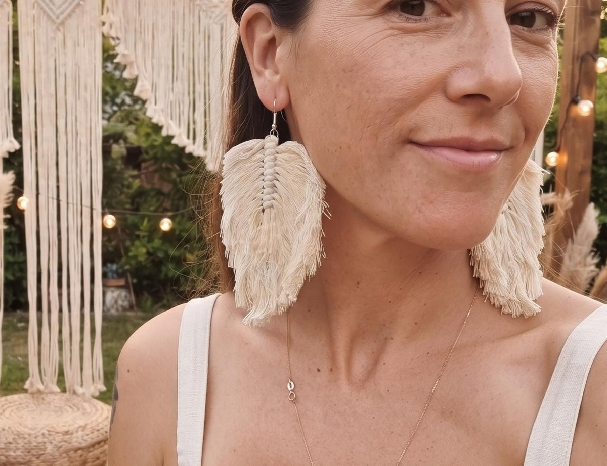 Hippie feather earrings, boho drop earrings macrame, large botanical leaf, summer festival accessories