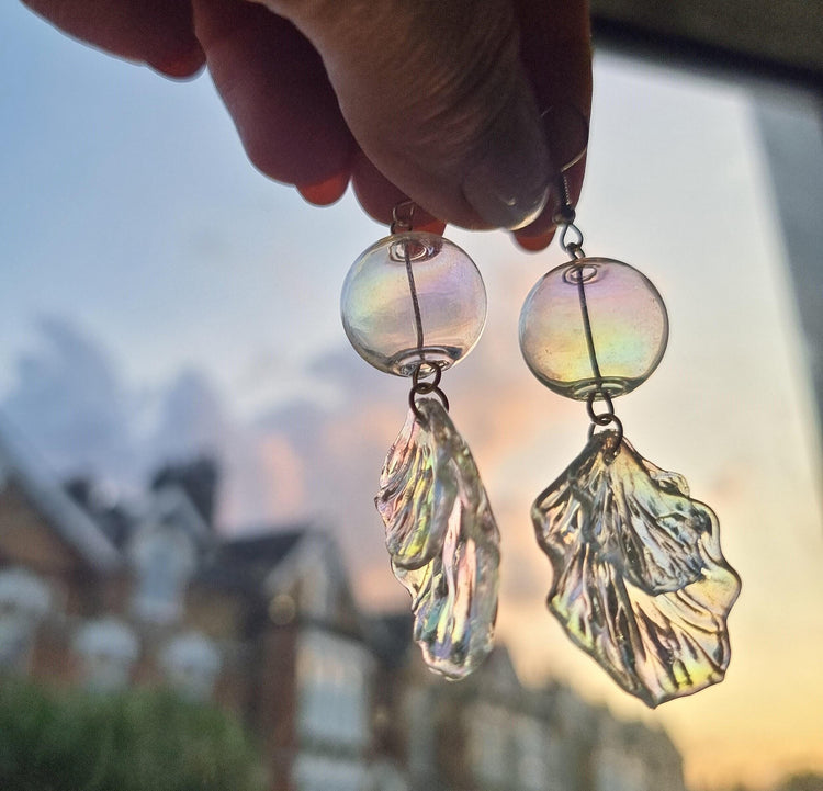 Mermaid Shell Earrings: Hand Blown Glass, Gold Plated - Nautical Jewelry