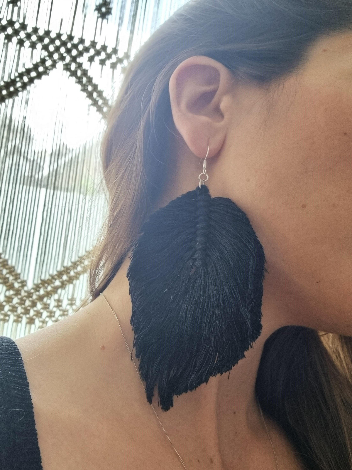 Hippie feather earrings, boho drop earrings macrame, large botanical leaf, summer festival accessories