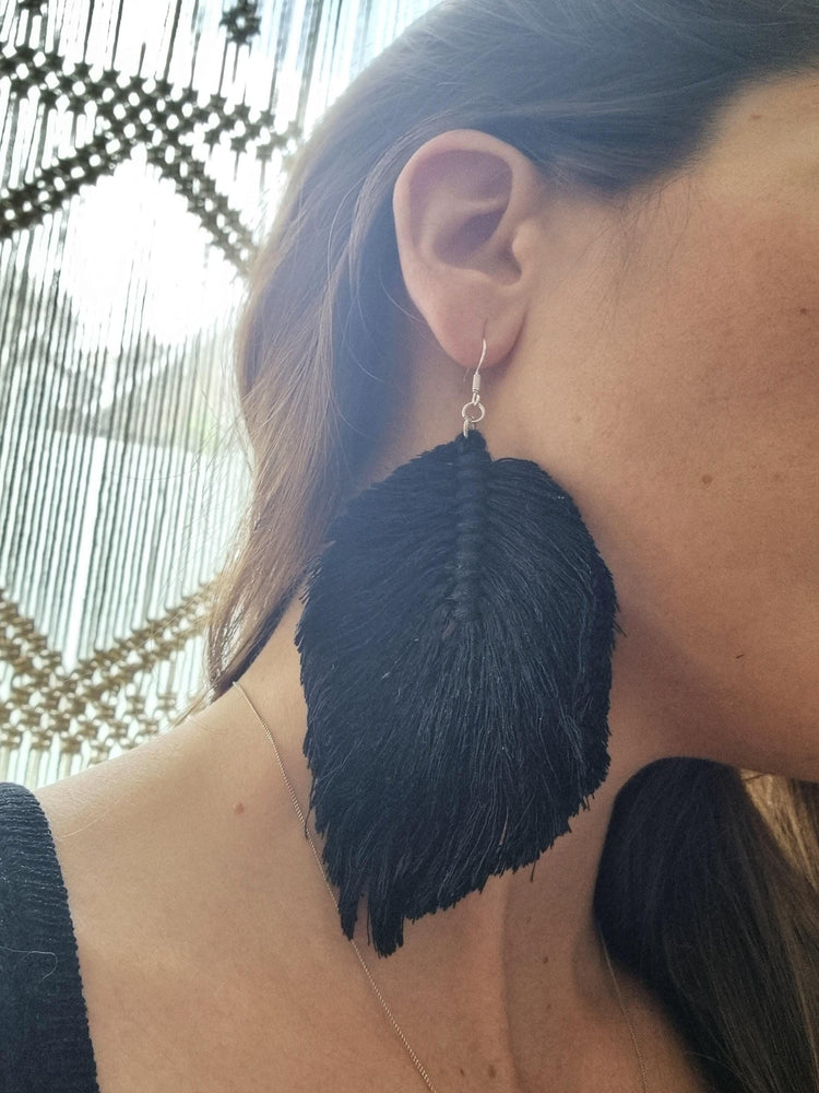 Hippie feather earrings, boho drop earrings macrame, large botanical leaf, summer festival accessories