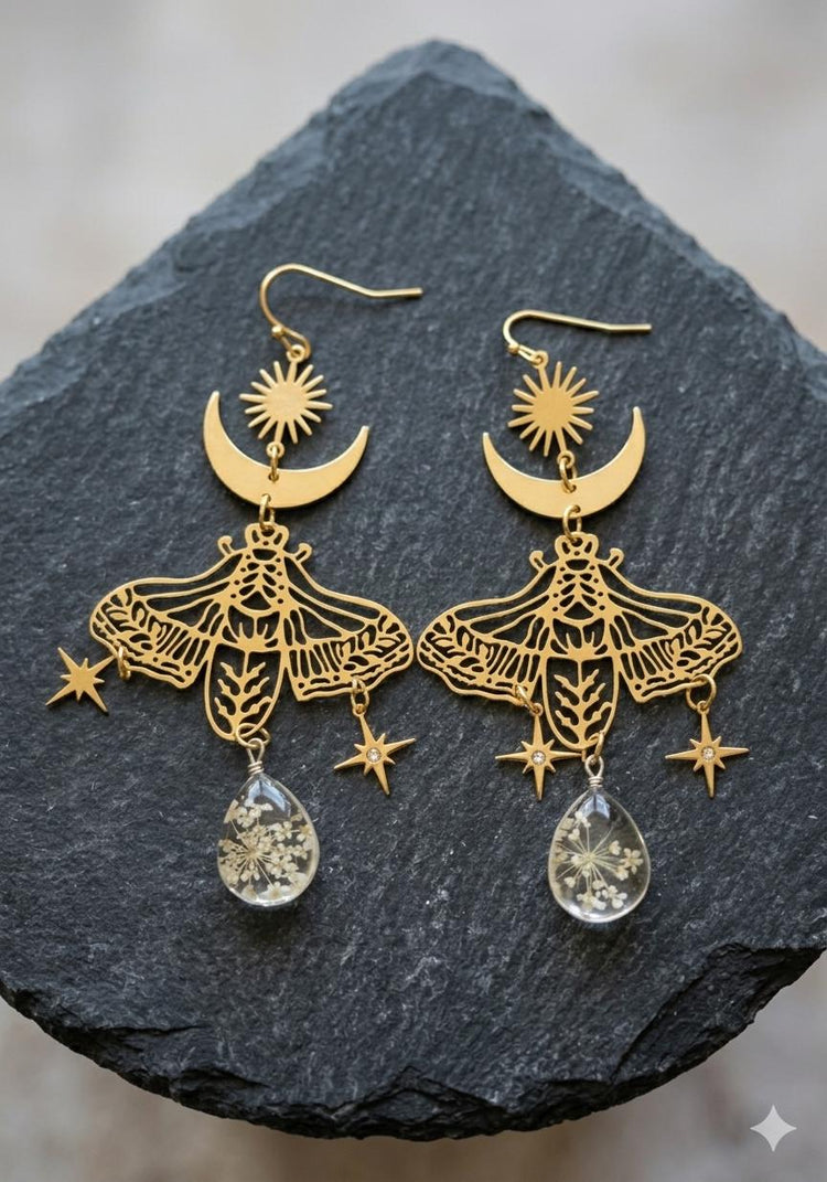 Boho Resin Dangle Earrings with Real Flowers – Gold Moth Sun Moon Star Earrings, Celestial Statement Earrings, Gift for Her, Hippie Jewelry
