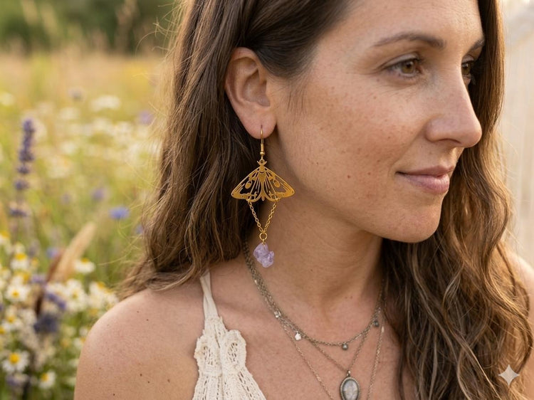 Gold Moth Amethyst Earrings – Raw Crystal Dangle Statement Earrings, Boho Witchy Jewelry, Celestial Hippie Earrings, Gift for Her
