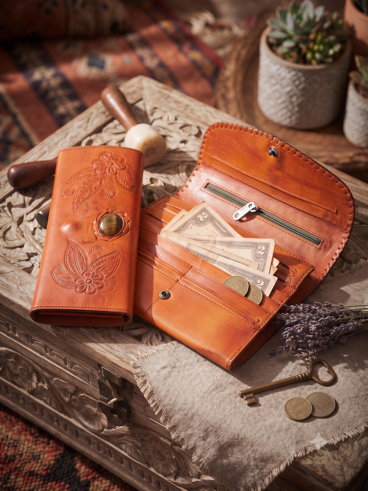 Tooled Leather Wallet Women, Boho Leather Wallet, Floral Trifold Wallet, Tiger Eye Wallet, Handmade Buffalo Leather Purse, Gift for Her