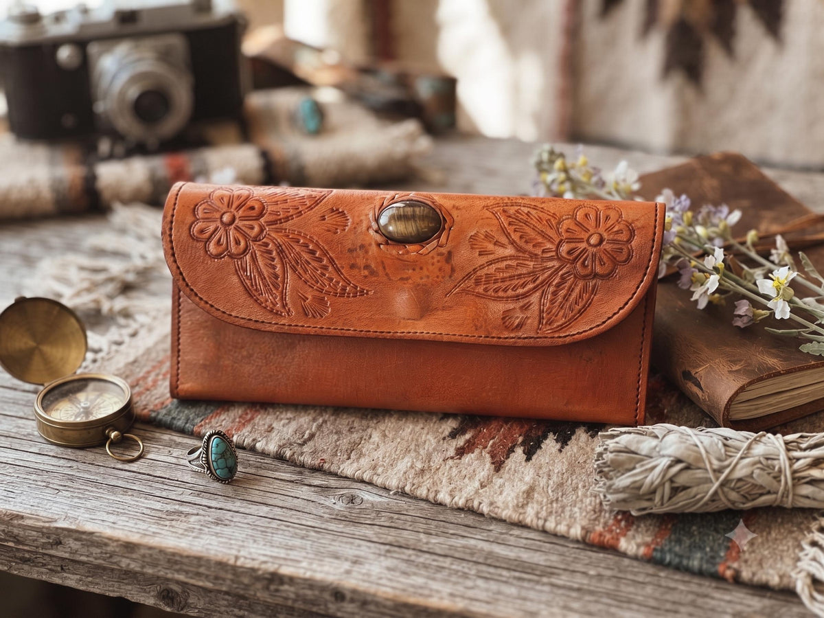Tooled Leather Wallet Women, Boho Leather Wallet, Floral Trifold Wallet, Tiger Eye Wallet, Handmade Buffalo Leather Purse, Gift for Her