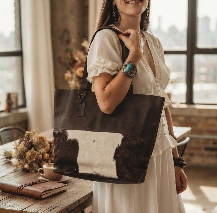 Boho Cowhide Leather Tote Bag, Large Western Shoulder Purse , Hair On Hide Shopper, Handmade Cowgirl Handbag, Festival Hobo Bag