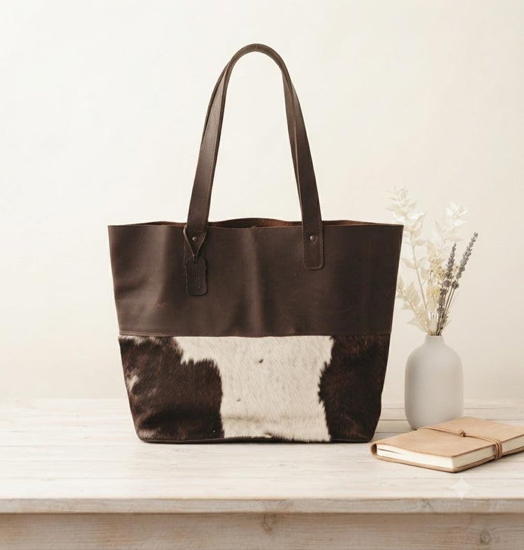Boho Cowhide Leather Tote Bag, Large Western Shoulder Purse , Hair On Hide Shopper, Handmade Cowgirl Handbag, Festival Hobo Bag