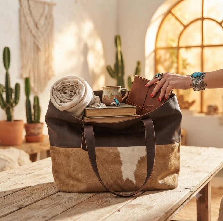 Cowhide & Leather Tote Bag: Oversized Western Shoulder Bag
