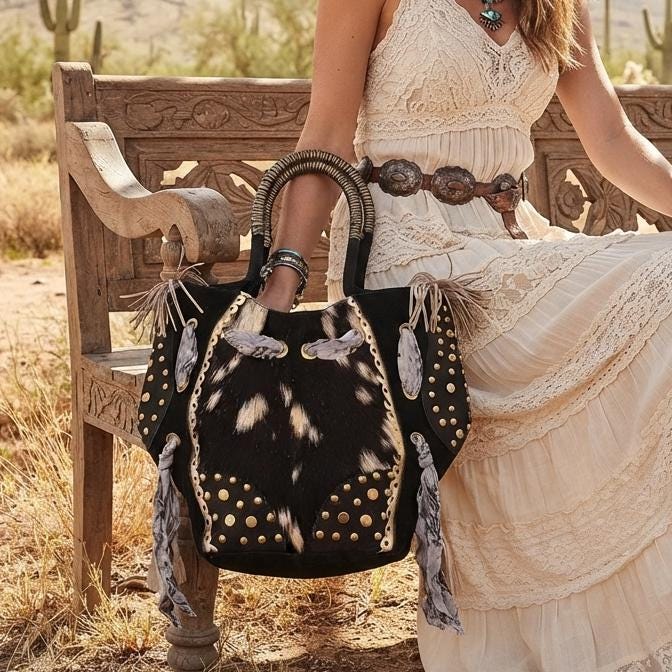 Cowhide Leather Tote Bag, Western Leather Shoulder Bag, Cowgirl Purse, Hair On Hide Handbag, Large Leather Shopper, Boho Festival Tote