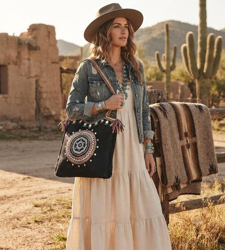 Cowhide Leather Tote Bag, Boho Leather Shoulder Bag, Handmade Western Handbag, Festival Tote, Gypsy Coin Leather Purse, Large Cowgirl Bag