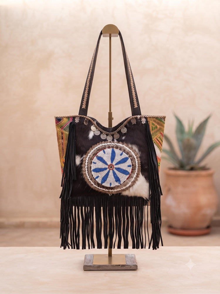Cowhide Leather Tote Bag, Western Leather Shoulder Bag, Cowgirl Purse, Hair On Hide Handbag, Large Leather Shopper, Boho Festival Tote