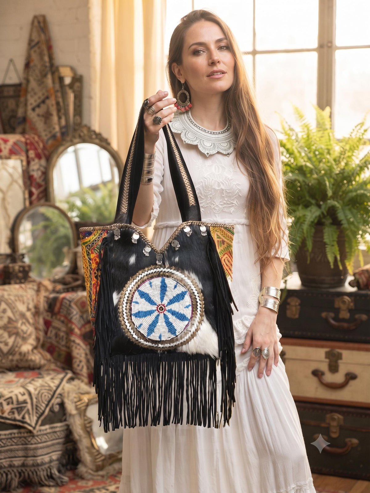 Cowhide Leather Tote Bag, Western Leather Shoulder Bag, Cowgirl Purse, Hair On Hide Handbag, Large Leather Shopper, Boho Festival Tote