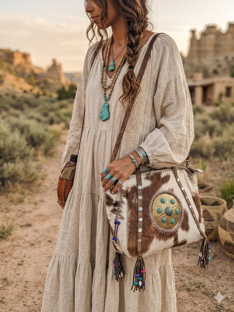 Oversized Cowhide Leather Hobo Bag: Turquoise Stone & Fringe Western Tote