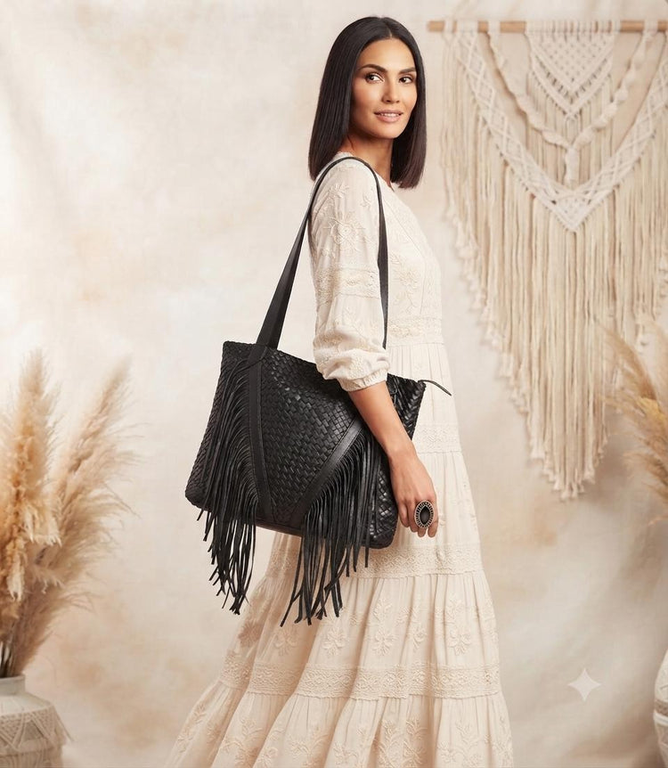 Western Fringe Leather Tote / Large Boho Shoulder Bag Woven Hobo Purse Handmade Laptop Shopper