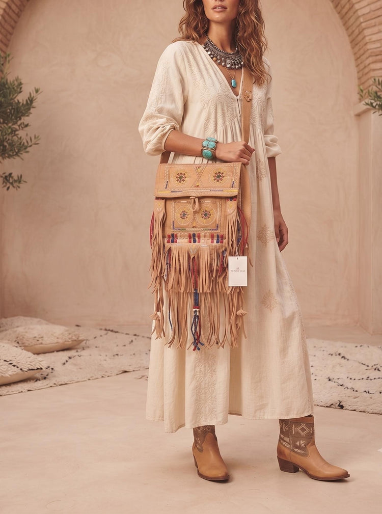 Vintage Fringe Leather Bag, Large Boho Hippie Purse, Navajo Style Embroidered Shoulder Bag, Tribal Festival Crossbody Bag