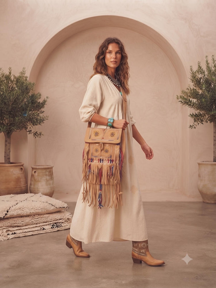 Vintage Fringe Leather Bag, Large Boho Hippie Purse, Navajo Style Embroidered Shoulder Bag, Tribal Festival Crossbody Bag