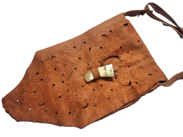 Moroccan Leather Crossbody Bag, Handmade Boho Leather Purse, Tribal Horn Buckle Satchel, Festival Shoulder Bag, Artisan Leather Handbag