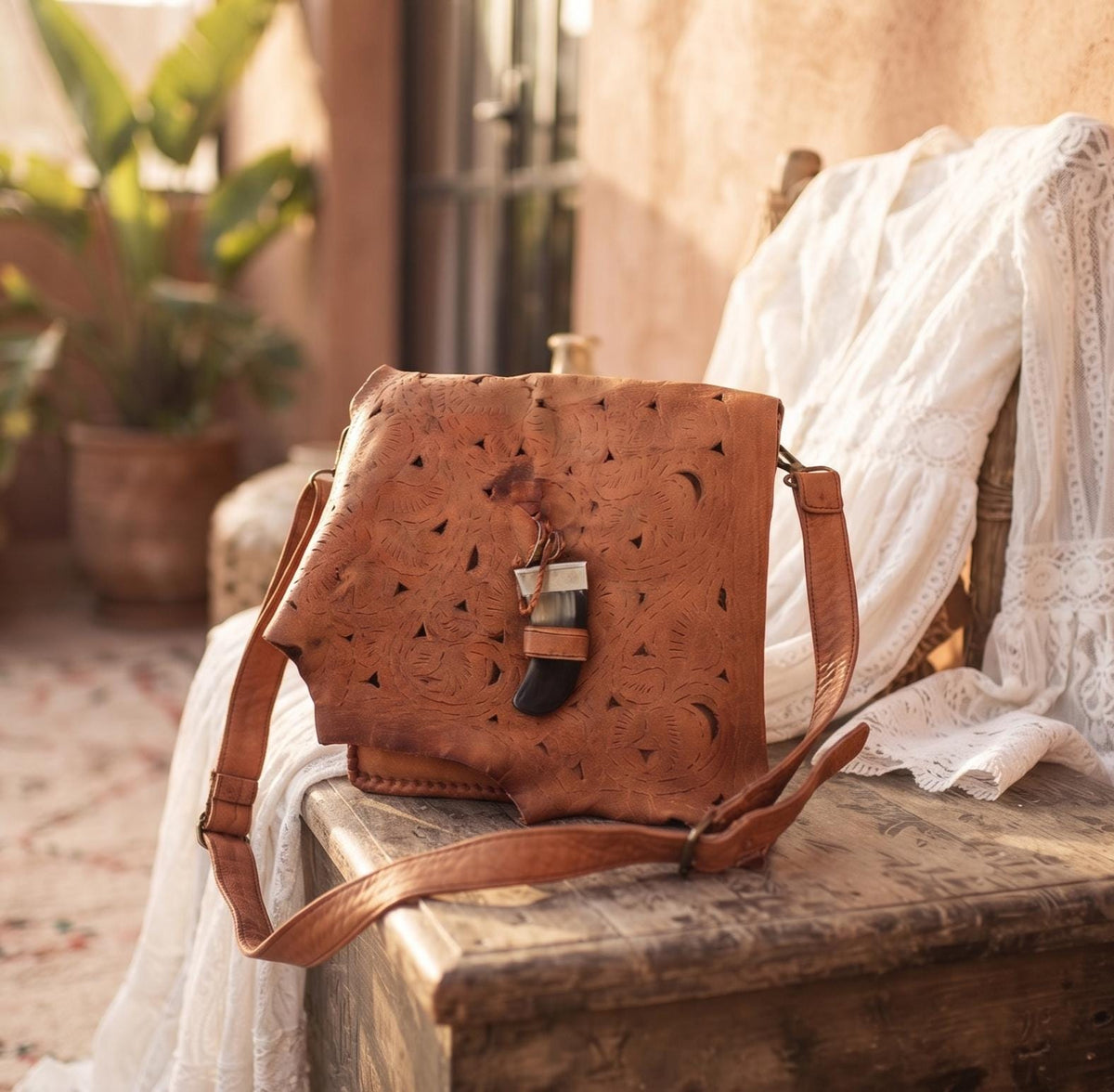 Moroccan Leather Crossbody Bag, Handmade Boho Leather Purse, Tribal Horn Buckle Satchel, Festival Shoulder Bag, Artisan Leather Handbag