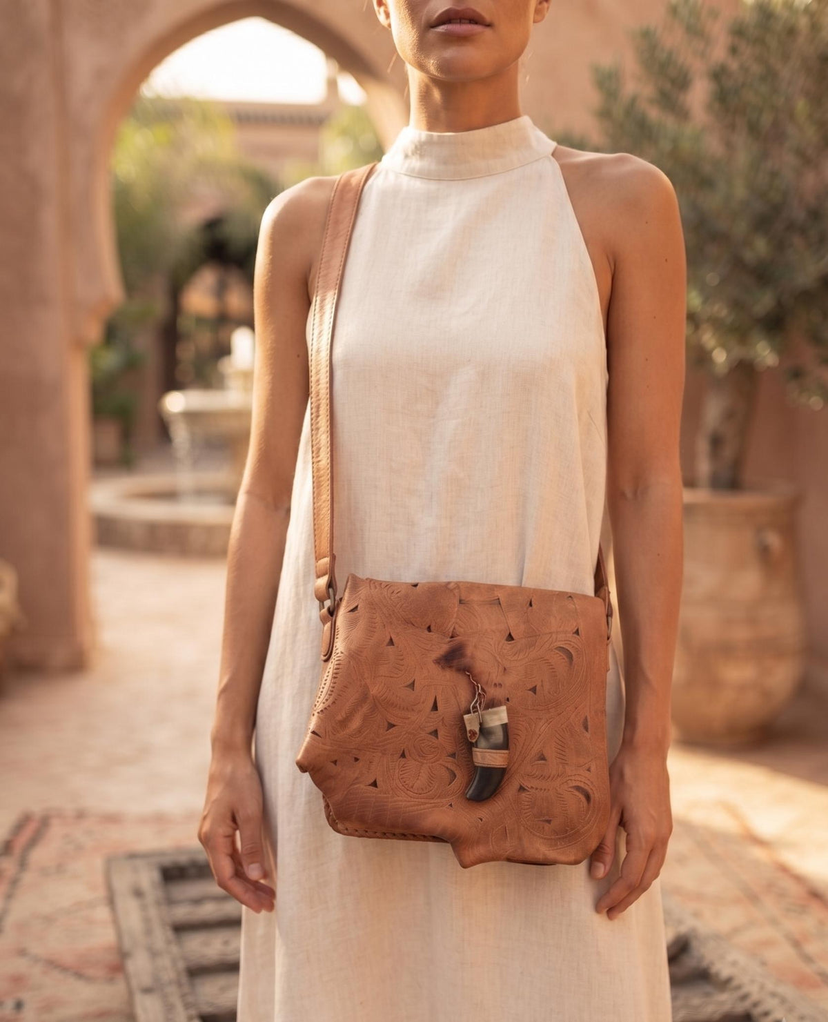 Moroccan Leather Crossbody Bag, Handmade Boho Leather Purse, Tribal Horn Buckle Satchel, Festival Shoulder Bag, Artisan Leather Handbag