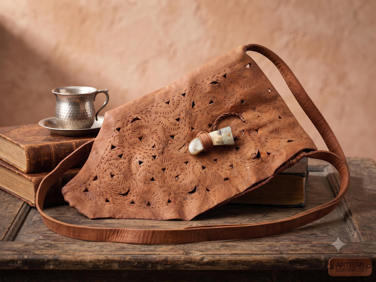 Moroccan Leather Crossbody Bag, Handmade Boho Leather Purse, Tribal Horn Buckle Satchel, Festival Shoulder Bag, Artisan Leather Handbag