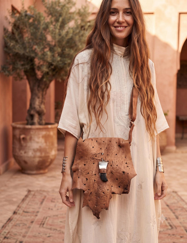 Moroccan Leather Crossbody Bag, Handmade Boho Leather Purse, Tribal Horn Buckle Satchel, Festival Shoulder Bag, Artisan Leather Handbag