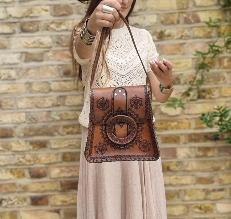 Vintage Tooled Leather Western Purse, Floral Leather Shoulder Bag, Boho Cowgirl Handbag, Hippie Festival Bag, Genuine Leather