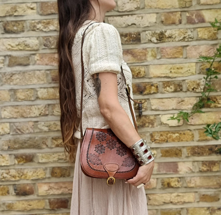 Unique 70s style tooled leather bag - hand-embossed boho shoulder purse - women festival bag