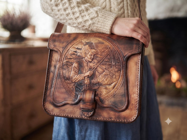 Vintage Irish Leather Bag, Celtic Flute Player Purse, Tooled Leather Shoulder Bag, Folk Music Gift, Boho Festival Handbag