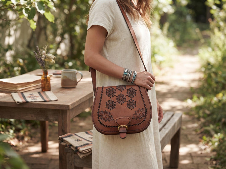 Unique 70s style tooled leather bag - hand-embossed boho shoulder purse - women festival bag