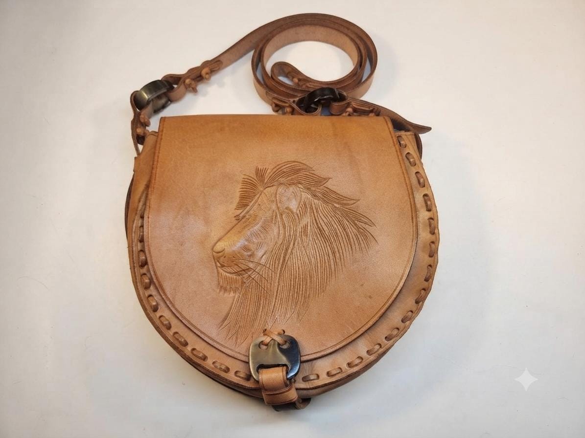 Vintage Lion Leather Bag, Hand Tooled Safari Crossbody Purse, African Western Shoulder Bag, Boho Leather Handbag, Lion Lover Gift
